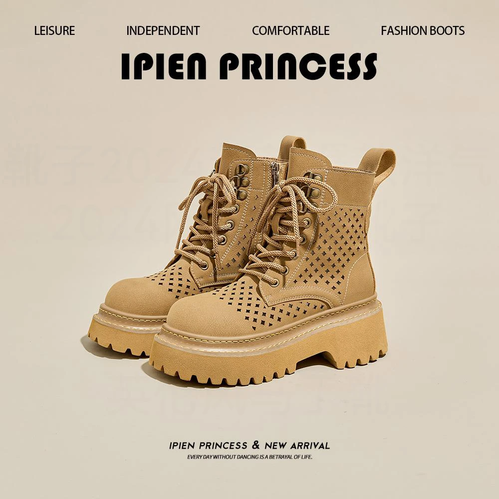 镂空透气薄款大黄靴2025新款夏季户外马丁靴女小个子厚底增高短靴