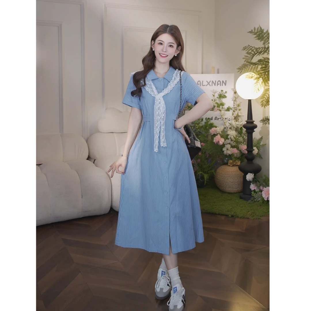 鹿向南【蓝纹翩梦】夏季新款蓝色条纹时尚感女气质连衣裙