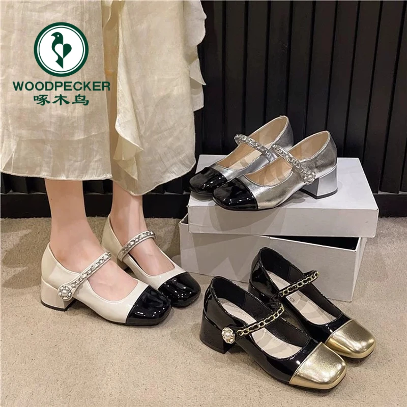 啄木鸟法式小香风粗跟玛丽珍女鞋2025春秋新款百搭温柔风中跟单鞋