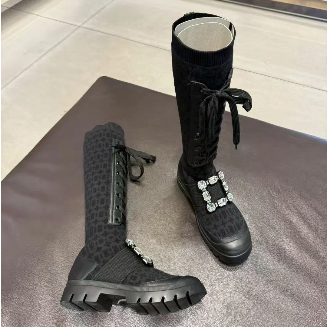 未使用 Roger Vivier/罗杰·维威耶 /六六/女款黑色方钻长筒靴