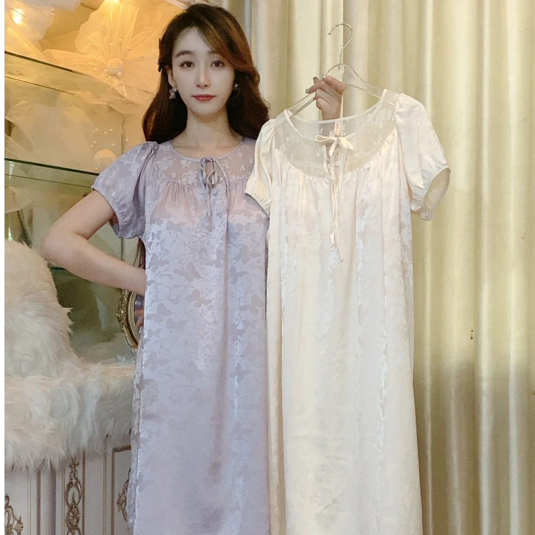 妮娜 舒适连衣裙蕾丝时尚睡裙带胸垫睡裙气质女士夏季法式薄款