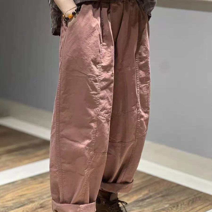 2025春款复古拼接休闲慵懒阔腿休闲裤透气宽松舒适长裤女