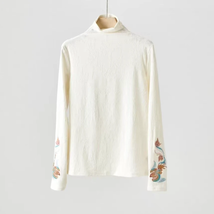 凤鸣~重工刺绣半高领显瘦加薄绒长袖打底衫秋冬时尚上衣555