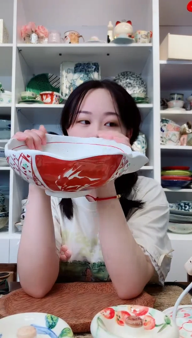 陶瓷濑户烧手绘赤绘尖嘴碗23cm