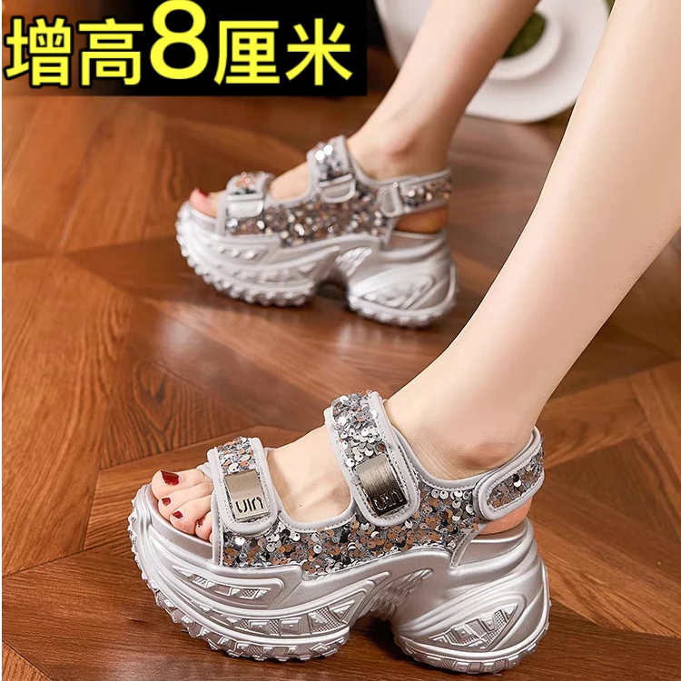 小个子8cm老爹凉鞋女款潮2025夏季新款厚底增高亮片轮胎底松糕鞋