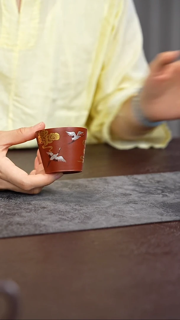 茶杯紫砂清舒杯 朱泥 金银 瑞鹤