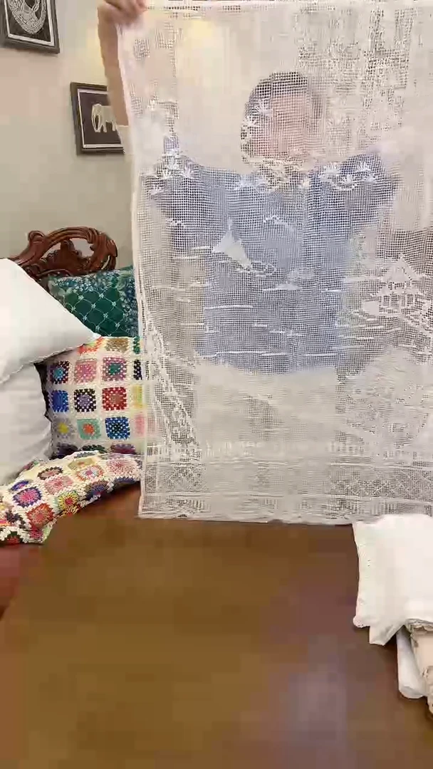 棉白色网扣门帘一对