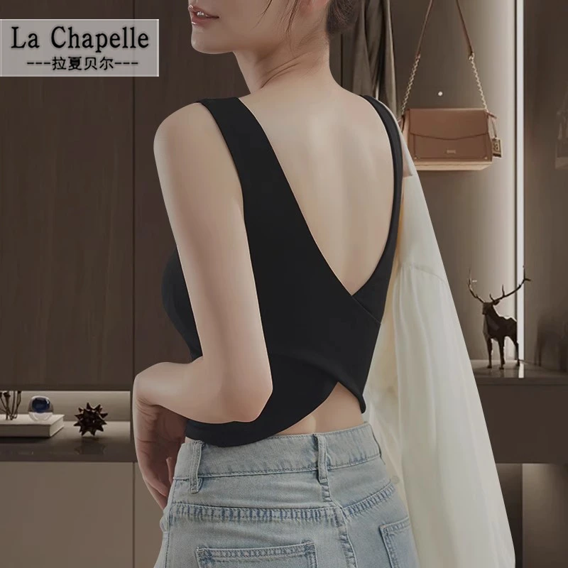 拉夏贝尔吊带背心女夏季带胸垫外穿内搭修身露背性感交叉美背上衣