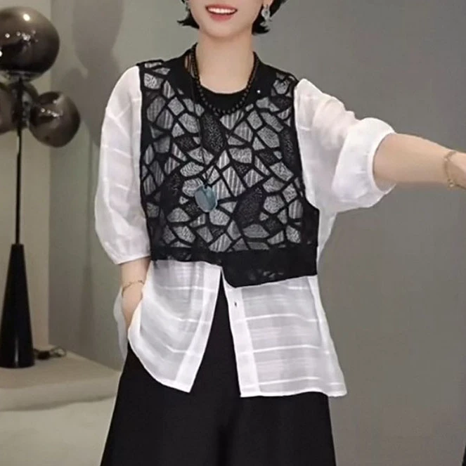 2025夏季新款设计感菱格蕾丝马甲拼接假两件短袖衬衫宽松圆领小众