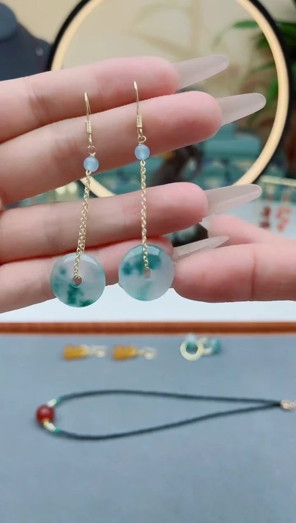 石英质玉（天山翠）银S925镶嵌耳饰629平安扣蓝水飘花