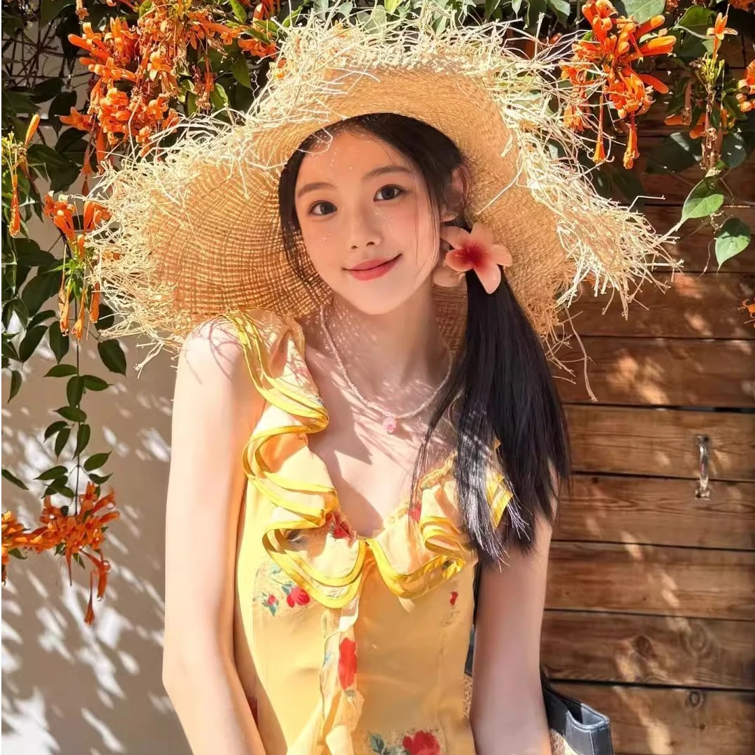 2025春夏新款防晒防紫外线遮阳草帽镂空编织大檐夏季时尚欧若风