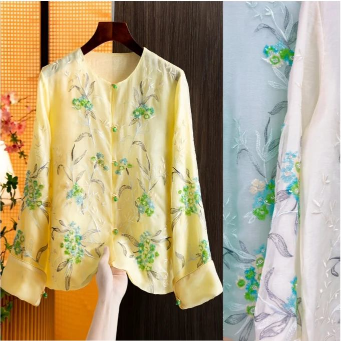 2025年夏季新中式轻奢手缝亮片花卉上衣国风时尚外套防晒衣女