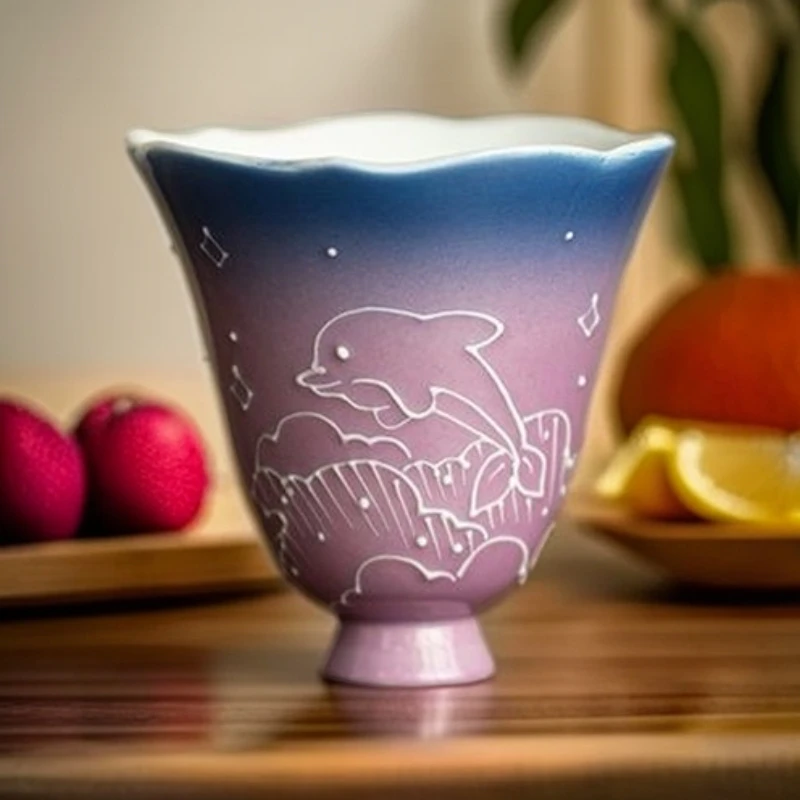 025纯手工手绘釉下彩有田烧星渊鲲梦花口高脚闻香杯