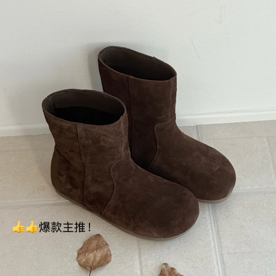 牛皮版~平底复古勃肯短靴女内增高圆头马丁靴显瘦堆堆西部牛仔靴