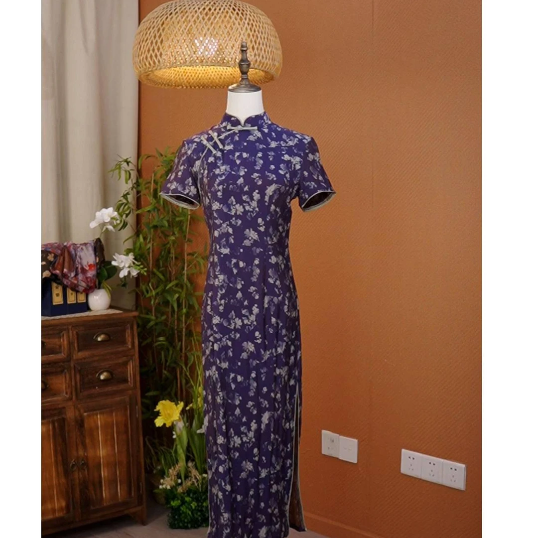 紫月 短袖印花修身优雅衣长118旗袍