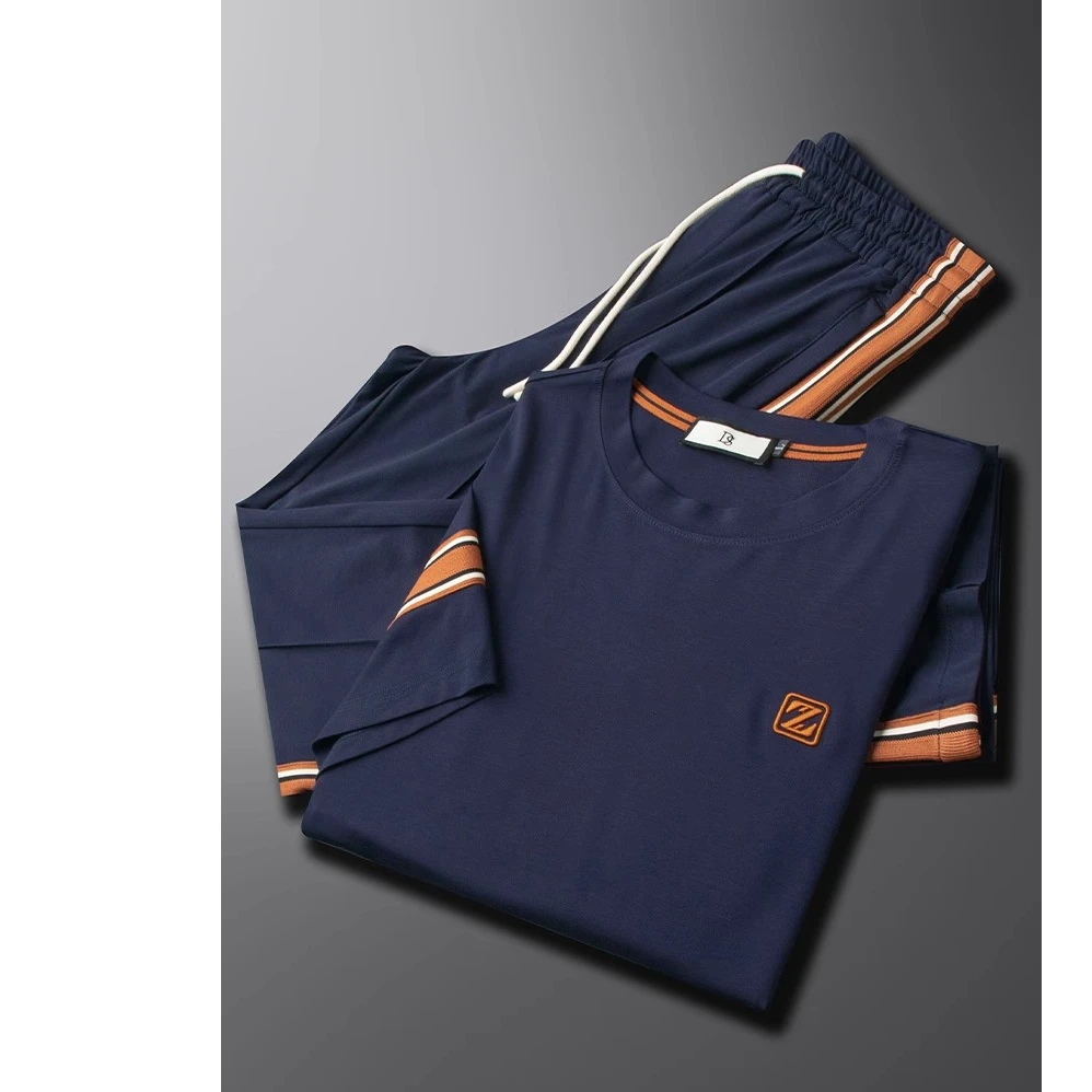 路约威格轻奢高端休闲运动套装男士夏季薄款刺绣撞色修身圆领短袖