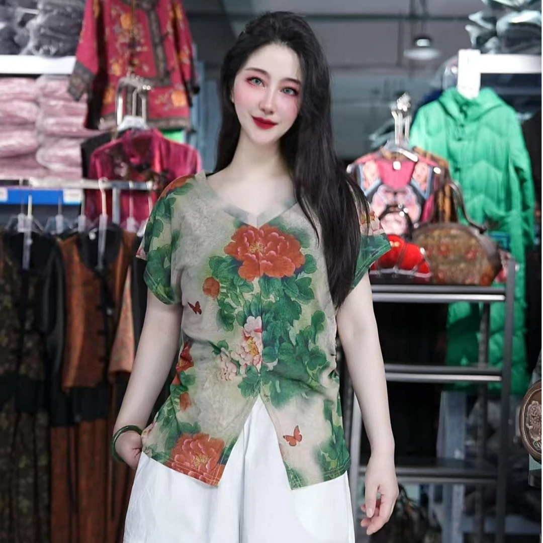 【夏季新款】小衫时尚印花短袖女宽松T恤夏装短袖花色上衣2409