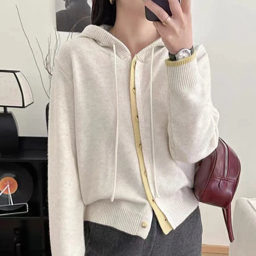 假两件连帽针织开衫女2025新款春季穿搭浣熊绒毛衣外套高级感上衣