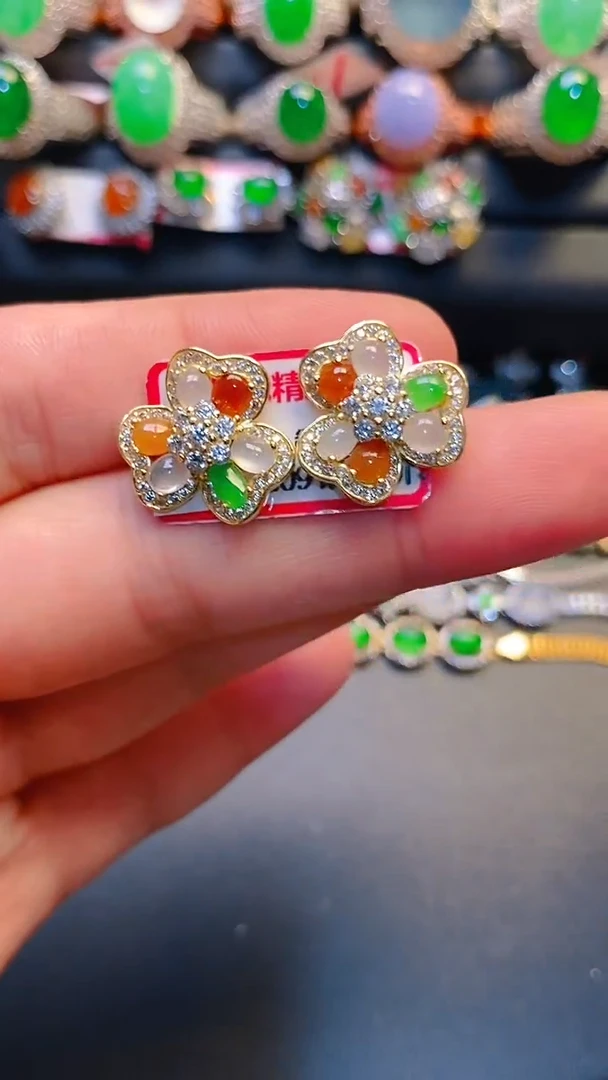 银S925镶嵌翡翠耳饰天然