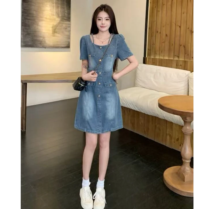 2025夏季新款大码女装复古收腰显瘦连衣裙百搭时尚薄款牛仔裙1565