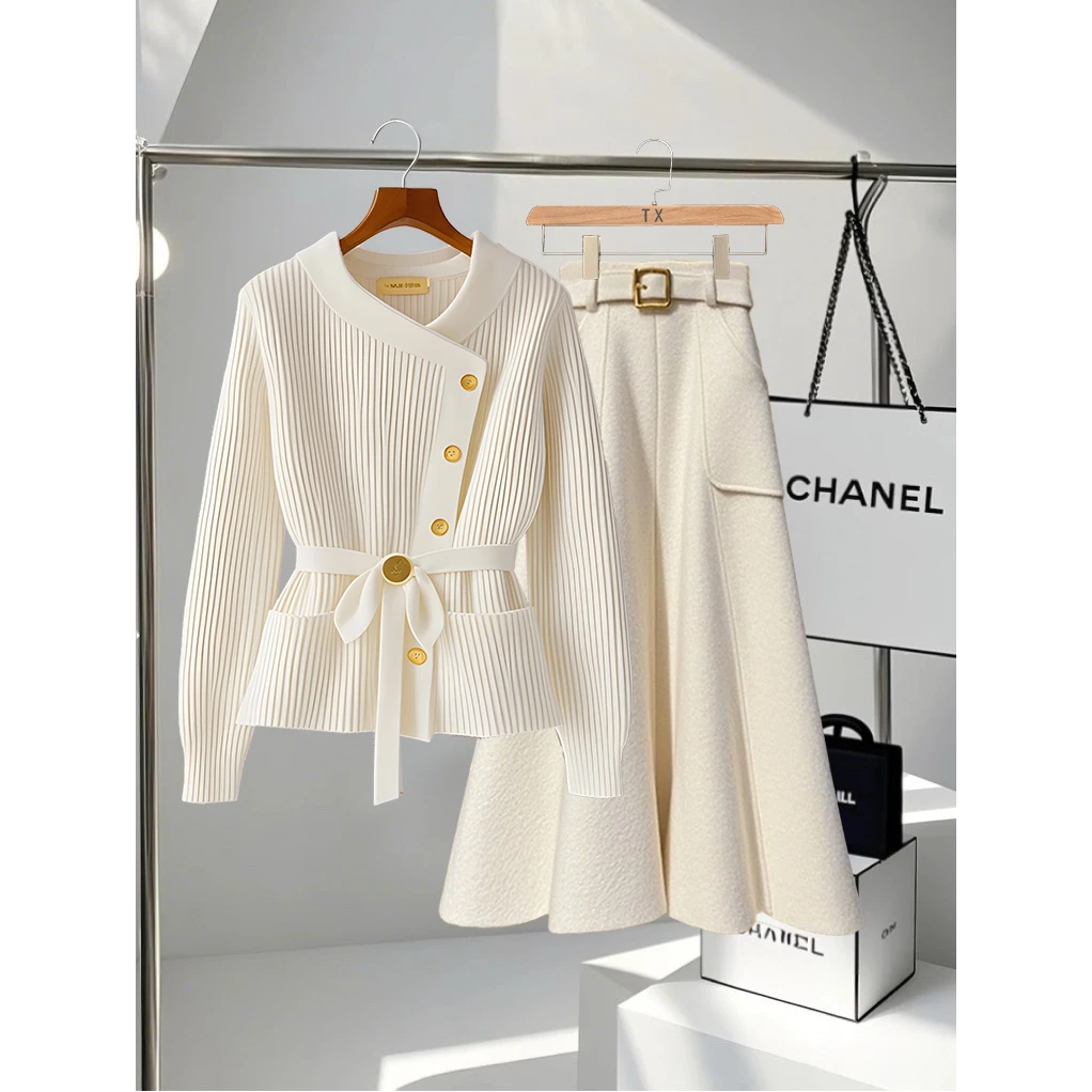 2025穿搭一整套洋气休闲女装小香风气质百搭针织衫高腰显瘦半身裙