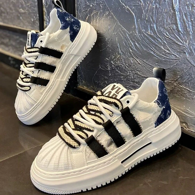 贝壳头男鞋2025年春秋新款破洞透气厚底增高小白鞋经典三杠板鞋男