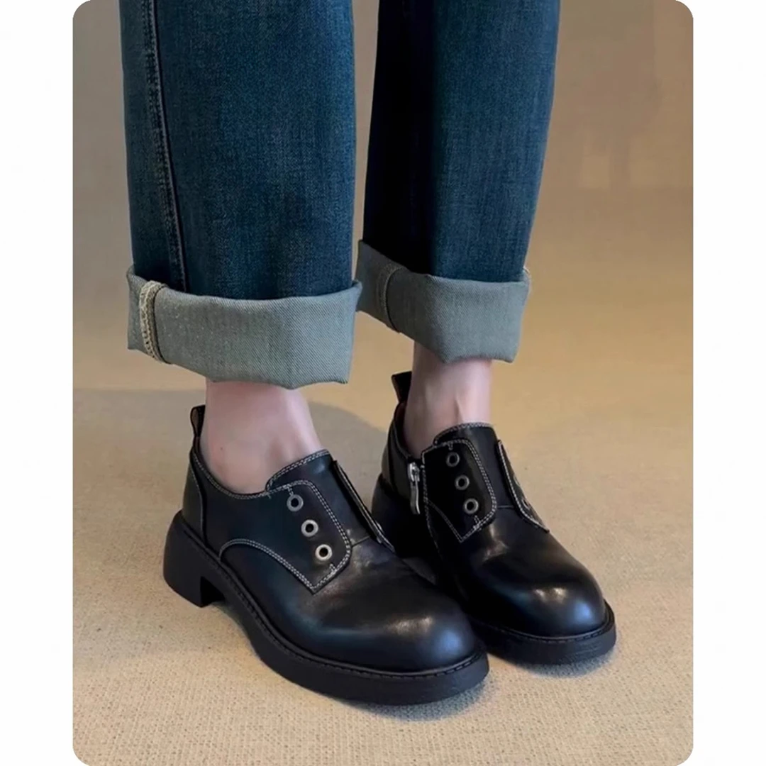 牛皮版~复古小皮鞋女英伦风2025新款圆头系带百搭单鞋厚底乐福鞋