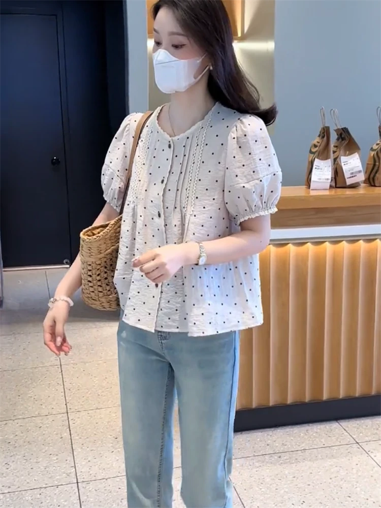 棉麻上衣波点衬衫女短袖夏季新款气质时尚印花小衫薄款娃娃衫宽松