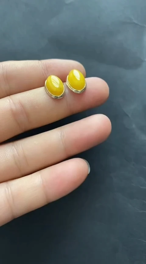 银S925镶嵌琥珀裸石蜜蜡耳钉