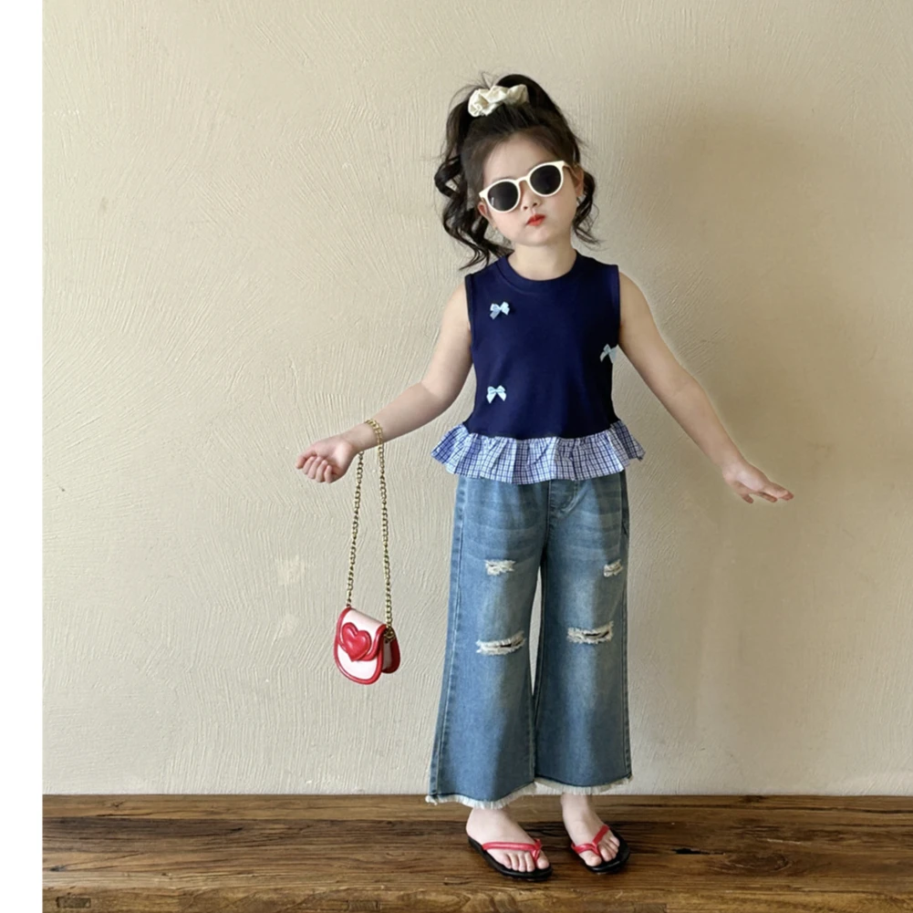 【现货】女童坑条背心2025夏韩版儿童破洞牛仔裤中小童休闲裤两件套