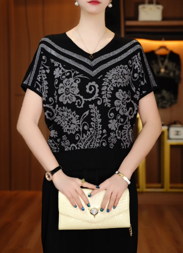 国颐 新款春夏针织衫短袖女高端显瘦显白百搭时尚上衣V25P513