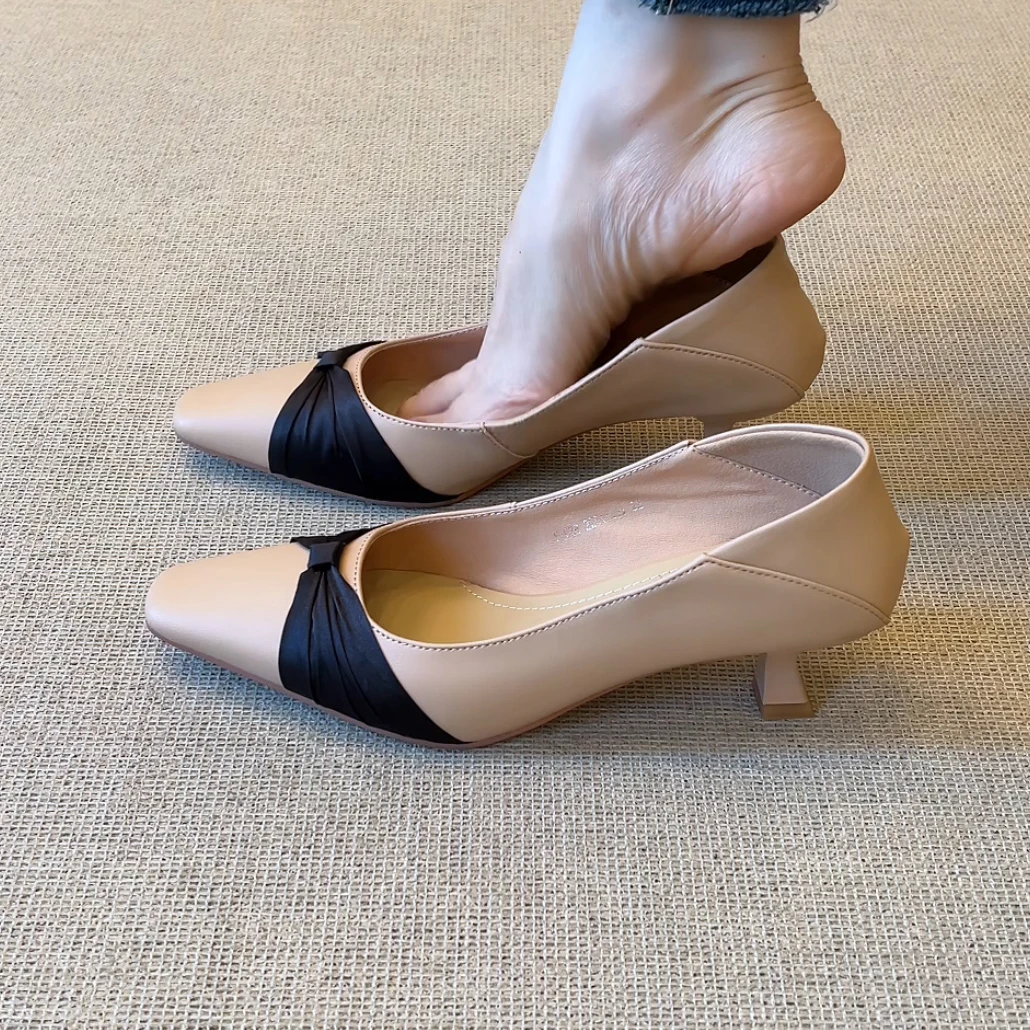 RubyL/5cm时尚优雅拼色蝴蝶结舒适百搭浅口方头一脚蹬细跟单鞋