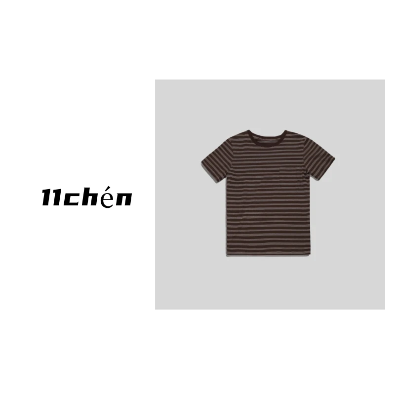 【11chén】“miu系条纹”可可棕撞色条纹圆领短袖T恤