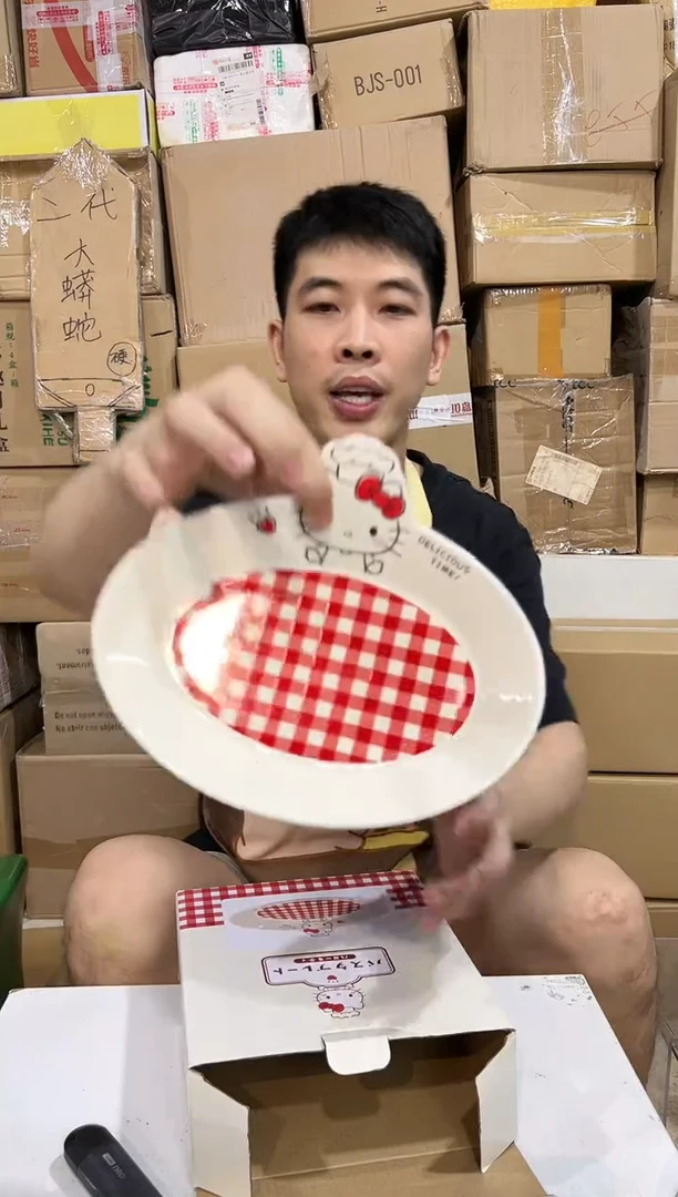 瓷片原盒kt猫红格子餐盘