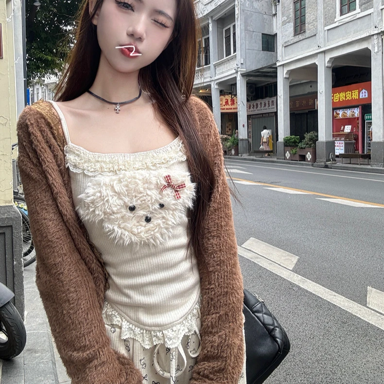 新款纯欲可爱小狗拼接吊带背心女秋冬内搭带胸垫蕾丝拼接上衣