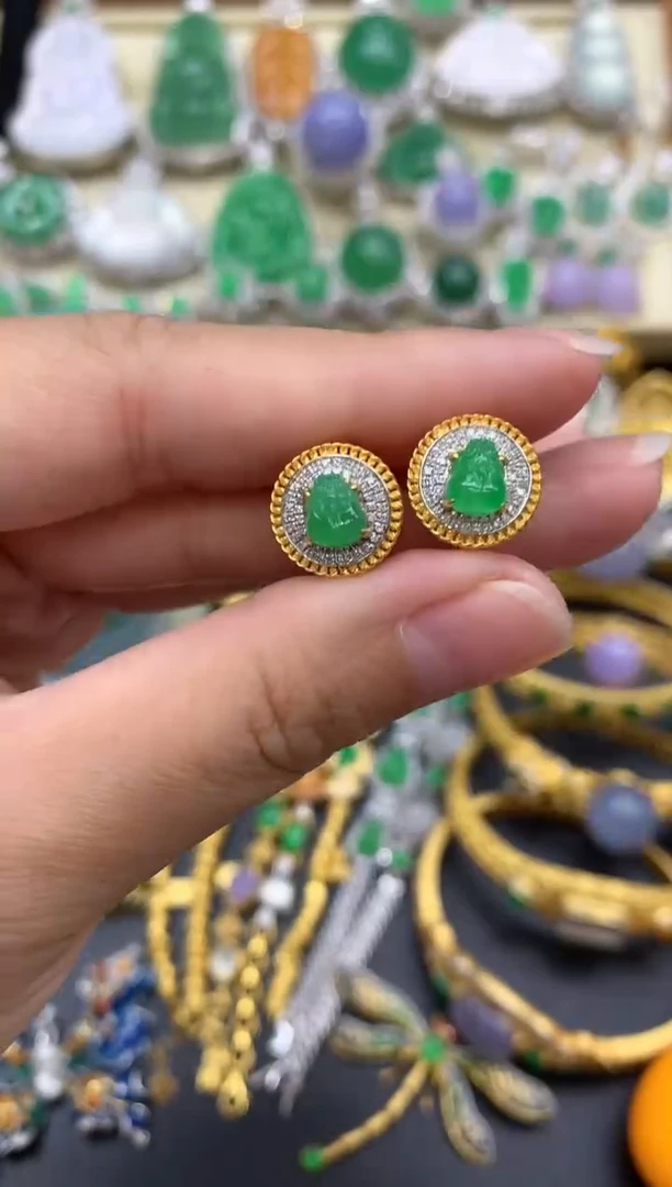 翡翠18K金镶嵌耳饰388-中国好珍宝