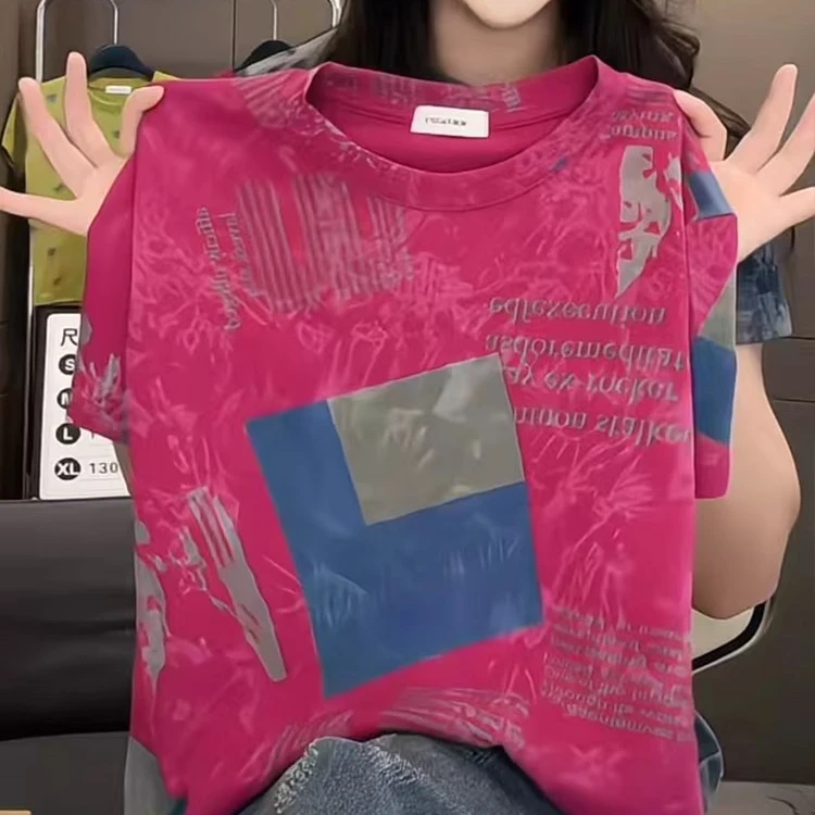 韩版圆领重工印花短袖T恤女2025新款夏季设计感小众休闲百搭上衣