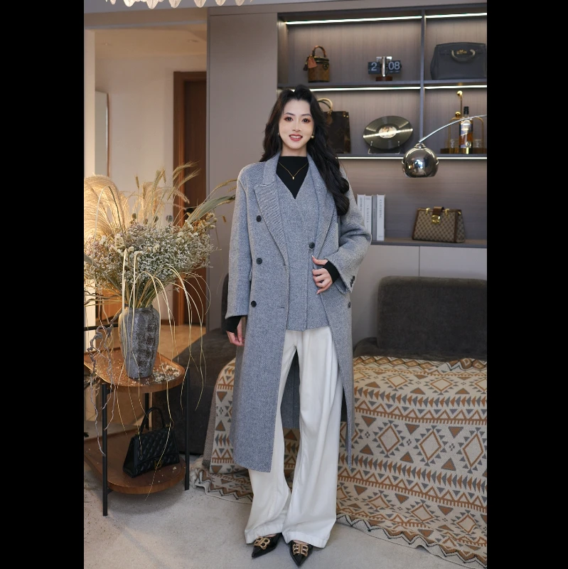【珂姐大衣】毛呢外套女西装领中长款两件套英式风翻领呢大衣F832