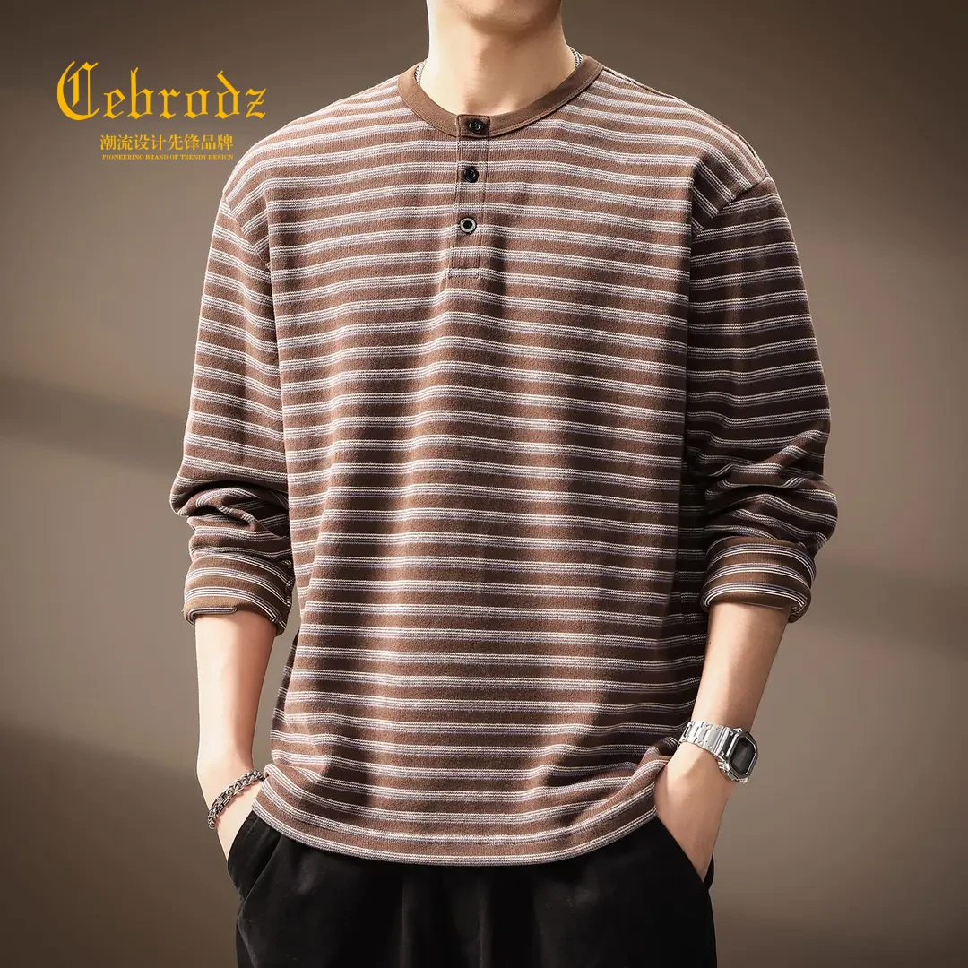 法国Cebrodz高端条纹卫衣男秋季新款宽松撞色海魂长袖T恤大码男士