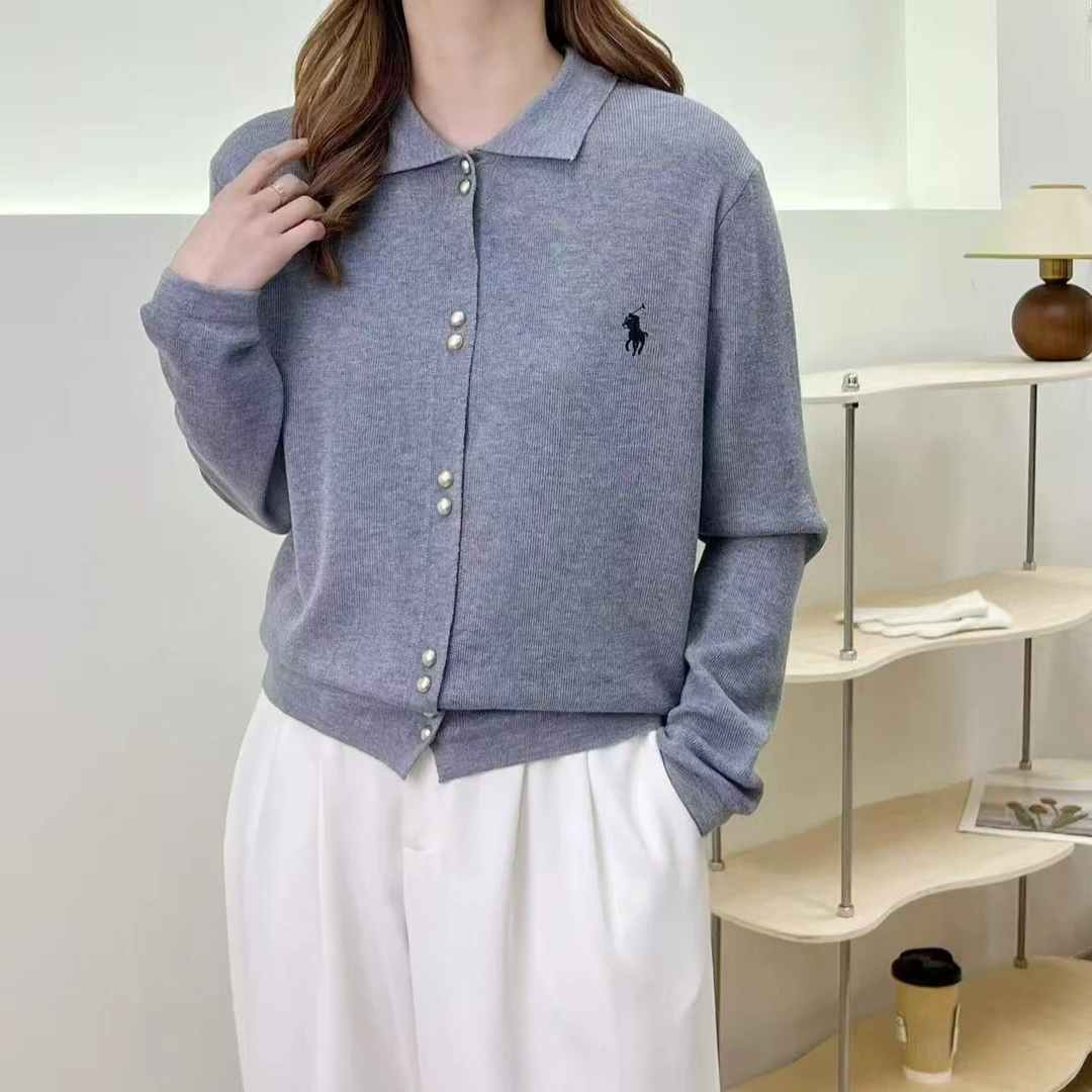 Polo领刺绣精仿羊毛打底针织衫毛衣女2024年秋冬新款设计宽松开衫