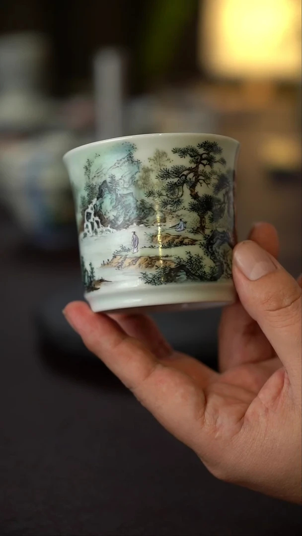王钢全手工手绘青绿山水容天杯