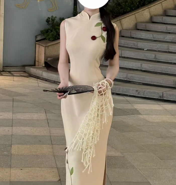 手工立体玫瑰花新中式白色旗袍 诗音玫瑰