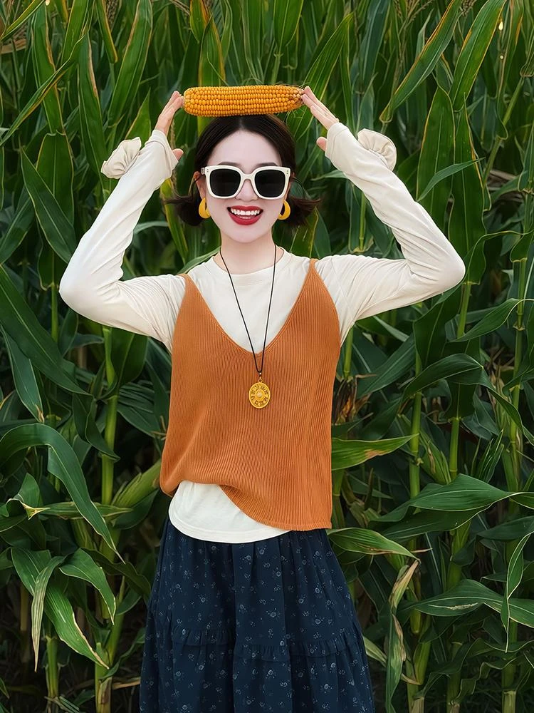 韩里韩气独特漂亮减龄气质高级感奶茶色打底衫吊带两件套装女早秋