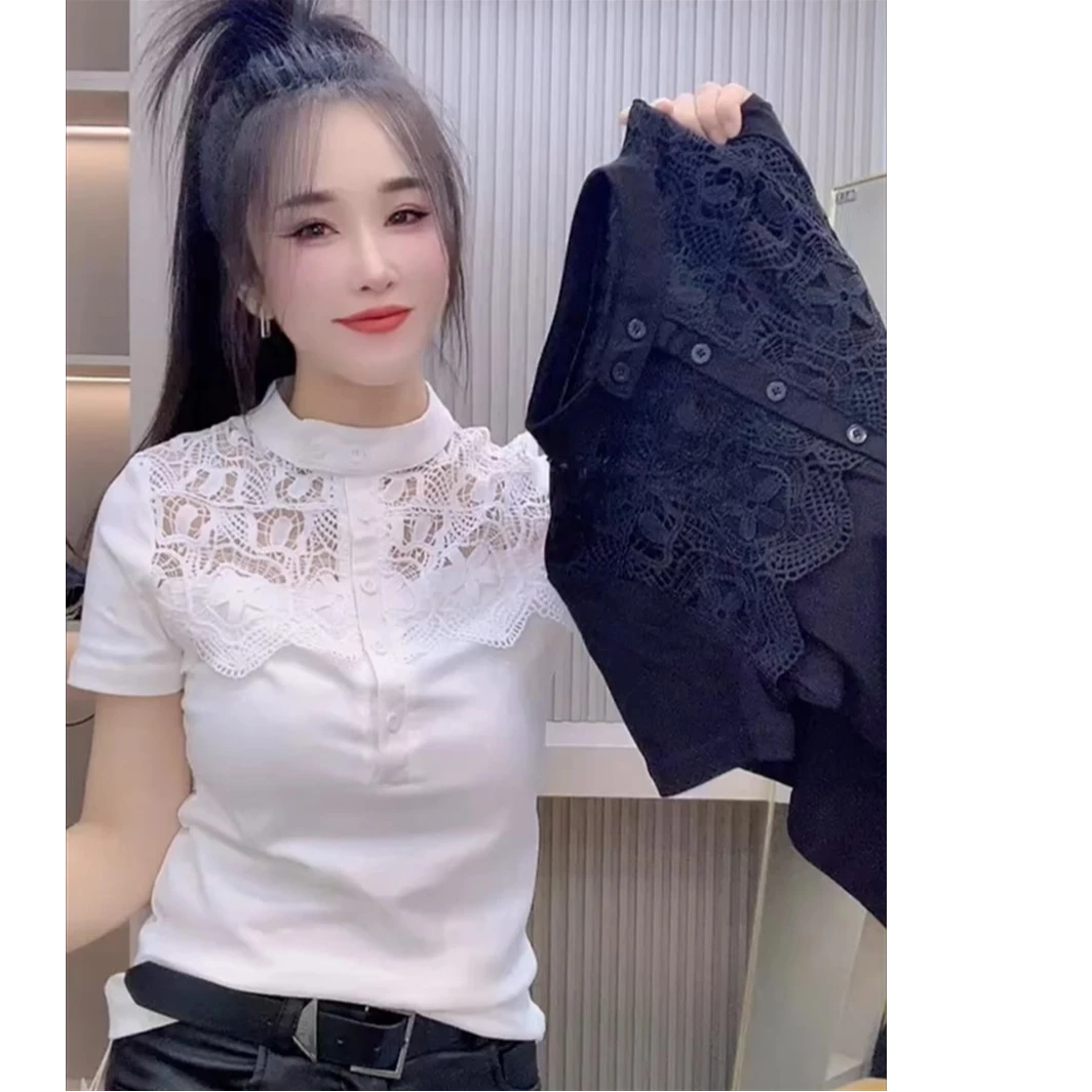 欧货蕾丝镂空纯棉短袖t恤女2025夏季新款设计感洋气修身显瘦小衫