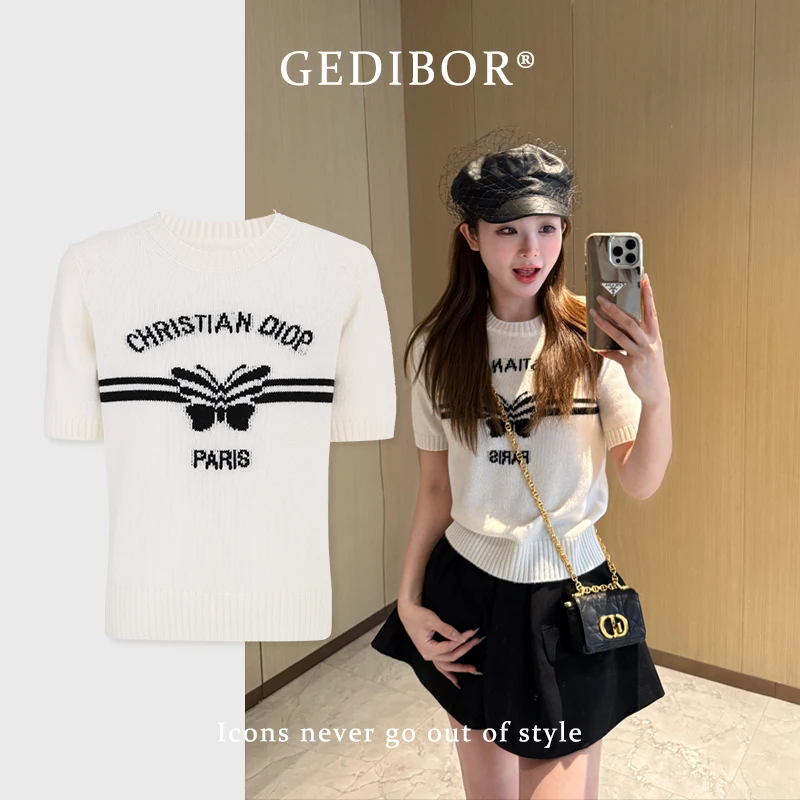 【GEDIBOR】“百衲蝶”蝴蝶条纹字母新款刺绣时尚显瘦针织上衣