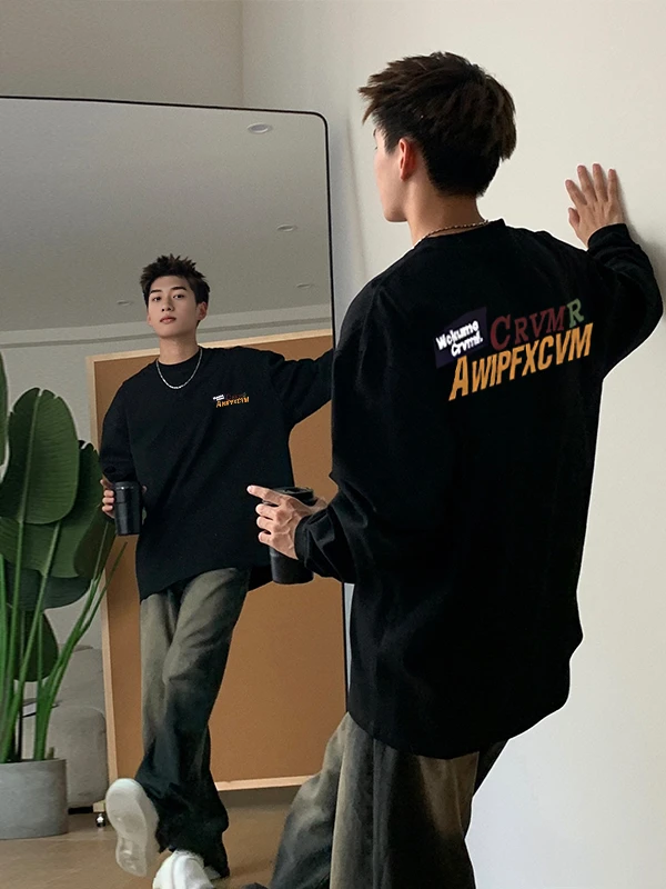 【重磅纯棉】秋冬新款美式休闲百搭宽松潮流圆领打底衫男款长袖T恤