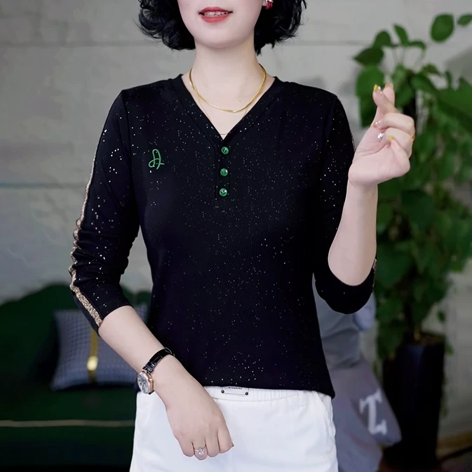 2025春季长袖时尚小衫女气质小v领潮流网红百搭女士显瘦洋气上衣