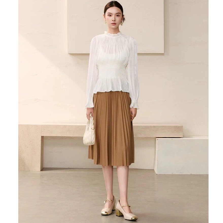 【商场同款】曼德诗设计感小衫新款不规则丝光褶皱衬衫M314309023