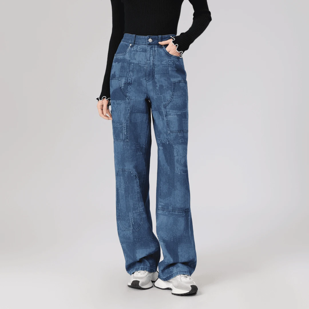 AMASS/阿玛施春季新款复古印花宽松直筒裤显瘦水洗牛仔裤5100475