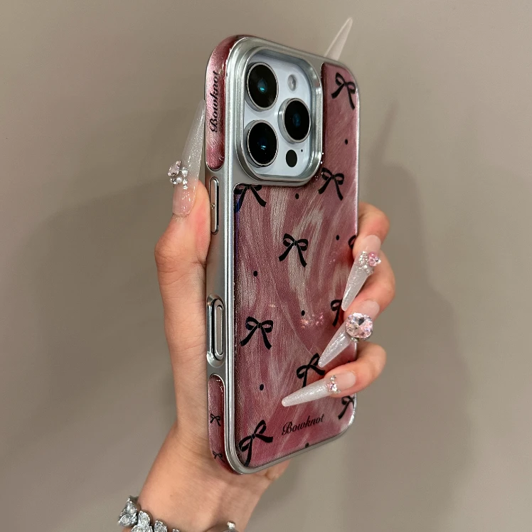 电镀滴胶羽纱蝴蝶结适用iPhone15手机壳16promax个性14防摔13女